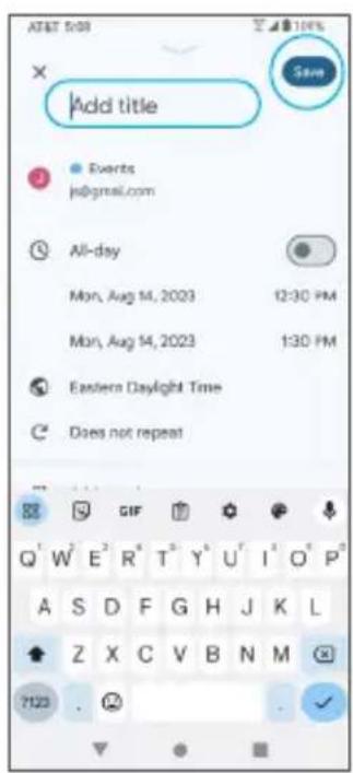 Add title Events js@gmail.com All-day Mon, Aug 14, 2023 12:30 PM Mon, Aug 14, 2023 1:30 PM Eastern Daylight Time Does not repeat