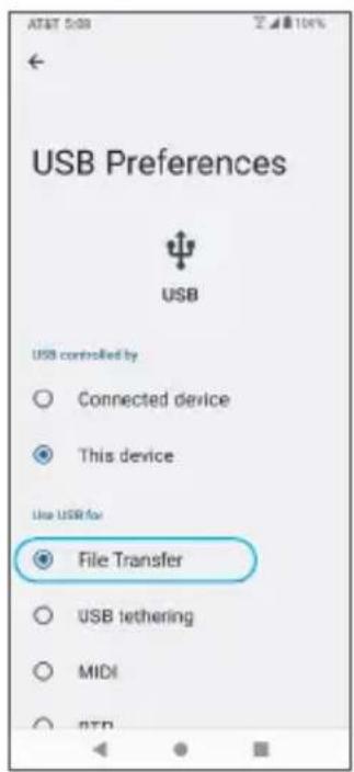 USB Preferences USB USB controlled by Connected device This device Use USB for File Transfer USB tethering MIDI FTP