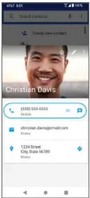 AT&T $01 Search contacts Create new contact Christian Davis (55)55-6555 Mobile christian.davis@email.com Home 1234 Street City, State 56789 Home
