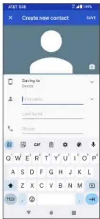 AT&T 508 100% Create new contact SAVE Saving to Device User name List name Phone 88 GIF Q W E R T Y U I O P A S D F G H J K L Z X C V B N M 7123 . →