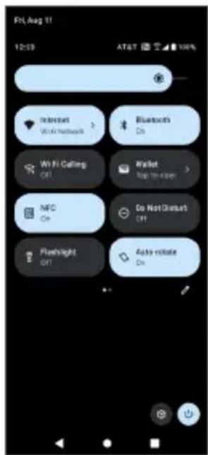 Fri, Aug 11 12:29 AT&T 100% Internet With Network > Bluetooth On Wi-Fi Calling Off Wallet Top to cover > NFC On Do Not Distur Off Flashlight Off Auto rotate On