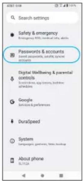 Search settings Safety & emergency Emergency AOS, manual info, alerts Passwords & accounts Send passwords, install, update accounts Digital Wellbeing & parental controls Scrimmage, app history, health schedules Google Services & preferences DuraSpeed System Language, geography, time, navigation About phone SL112A