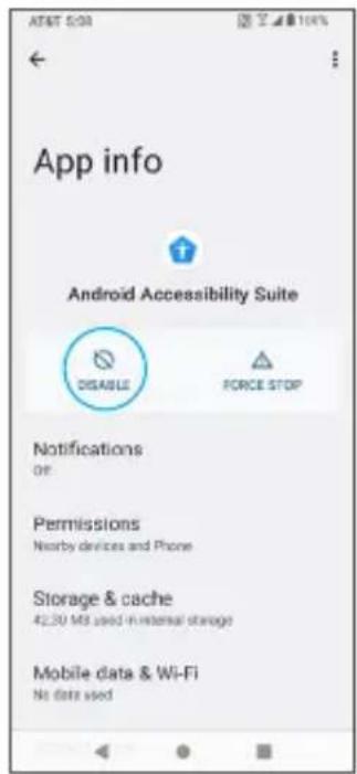 AT&T SOR App info Android Accessibility Suite DISABLE FORCE STOP Notifications OF: Permissions Nearby devices and Phone Storage & cache 42.30 MS used in internal storage Mobile data & Wi-Fi No data used
