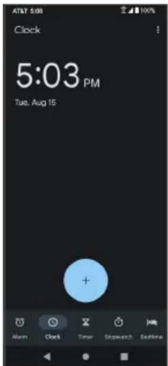 AT&T 5:03 Clock 5:03 PM Tue. Aug 15 + Alarm Clock Timer Stopwatch Bedtime