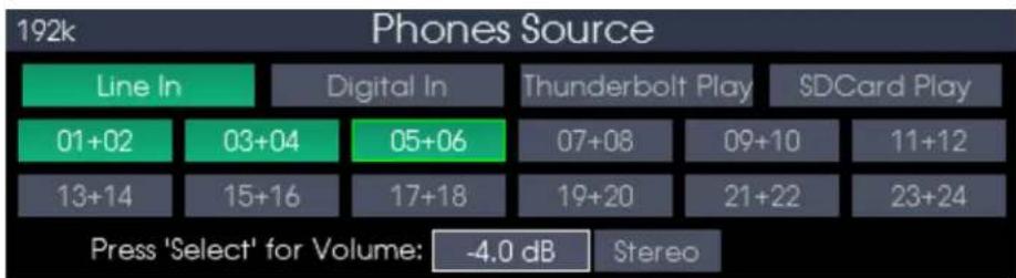 192k Phones Source Line In Digital In Thunderbolt Play SDCard Play 01+02 03+04 05+06 07+08 09+10 11+12 13+14 15+16 17+18 19+20 21+22 23+24 Press 'Select' for Volume: -4.0 dB Stereo