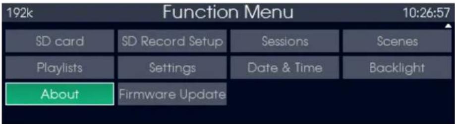 192k Function Menu 10:26:57 SD card SD Record Setup Sessions Scenes Playlists Settings Date & Time Backlight About Firmware Update
