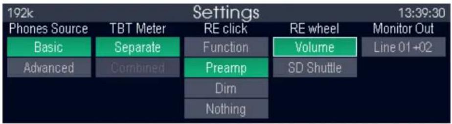 192k Settings 13:39:30 Phones Source Basic Advanced TBT Meter Separate Combined RE click Function Preamp Dim Nothing RE wheel Volume SD Shuttle Monitor Out Line 01+02