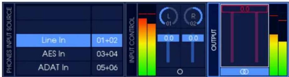 PHONES INPUT SOURCE Line In 01+02 AES In 03+04 ADAT In 05+06 INPUT CONTROL L 01 R 02 0.0 0.0 OUTPUT 0.0