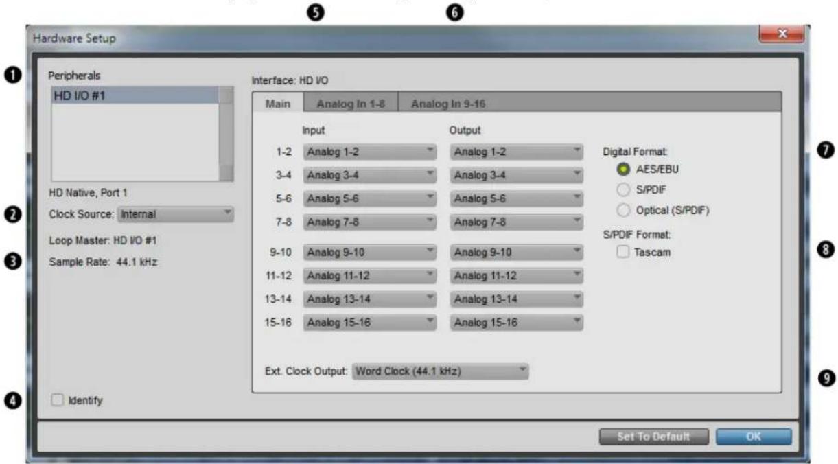 Hardware Setup Peripherals HD I/O #1 Interface: HD I/O Main Analog In 1-8 Analog In 9-16 Input Output 1-2 Analog 1-2 Analog 1-2 3-4 Analog 3-4 Analog 3-4 5-6 Analog 5-6 Analog 5-6 7-8 Analog 7-8 Analog 7-8 9-10 Analog 9-10 Analog 9-10 11-12 Analog 11-12 Analog 11-12 13-14 Analog 13-14 Analog 13-14 15-16 Analog 15-16 Analog 15-16 Ext. Clock Output: Word Clock (44.1 kHz) Set To Default OK HD Native, Port 1 Clock Source: Internal Loop Master: HD I/O #1 Sample Rate: 44.1 kHz Identify