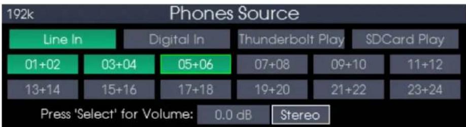 192k Phones Source Line In Digital In Thunderbolt Play SDCard Play 01+02 03+04 05+06 07+08 09+10 11+12 13+14 15+16 17+18 19+20 21+22 23+24 Press 'Select' for Volume: 0.0 dB Stereo