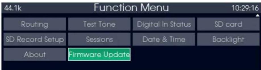 44.1k Function Menu 10:29:16 Routing Test Tone Digital In Status SD card SD Record Setup Sessions Date & Time Backlight About Firmware Update