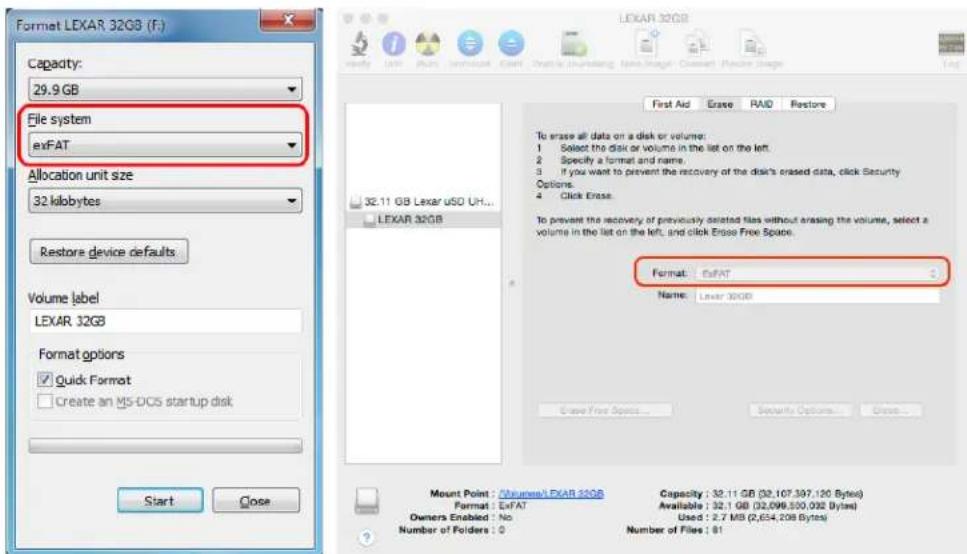 Format LEXAR 32GB (F:) Capacity: 29.9 GB File system exFAT Allocation unit size 32 kilobytes Restore device defaults Volume label LEXAR 32GB Format options ✓ Quick Format □ Create an MS-DC5 startup disk Start Close LEXAR 32GB 32.11 GB Lexar uSD UH... LEXAR 32GB First Aid Erase RAID Restore To erase all data on a disk or volume. 1 Select the disk or volume in the list on the left. 2 Specify a format and name. 3 If you want to prevent the recovery of the disk's erased data, click Security Options. 4 Click Erase. To prevent the recovery of previously deleted files without erasing the volume, select a volume in the list on the left, and click Erase Free Space. Format: ExFAT Name: Lexar 32GB Create Free Space... Security Options... Exase... Mount Point : /(\Number) EXAR 32GB Capacity : 32.11 GB (32,107,307,120 Bytes) Format : ExFAT Available : 32.1 GB (32,096,500,092 Bytes) Owners Enabled : No Used : 2.7 MB (2,654,208 Bytes) Number of Folders : 0 Number of Files : 01