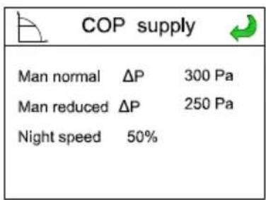 COP supply Man normal ΔP 300 Pa Man reduced ΔP 250 Pa Night speed 50%