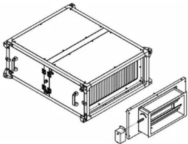 Technical line drawing of a modular electronic device with internal components and mounting brackets (no text or symbols)
