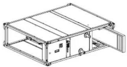 Technical line drawing of a modular electronic device with mounting brackets and internal components (no text or symbols)
