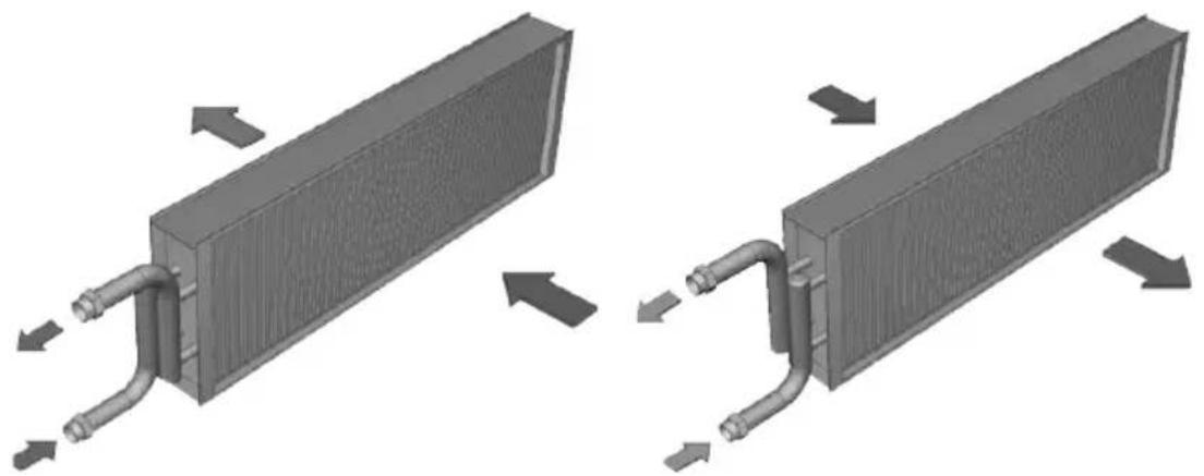 Two 3D illustrations of a heat exchanger with pipes and cooling fins, showing fluid flow direction (no text or symbols)