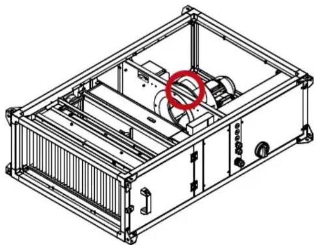 Technical line drawing of a mechanical assembly with internal components and a red circle highlighting a specific part (no text or symbols present)