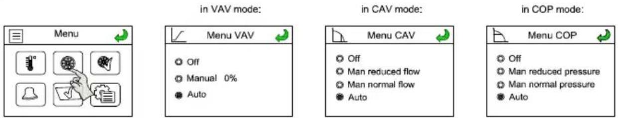 in VAV mode: in CAV mode: in COP mode: Menu VAV Off Manual 0% Auto Menu CAV Off Man reduced flow Man normal flow Auto Menu COP