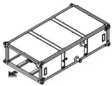 Isometric line drawing of a rectangular metal frame structure with internal ribs and mounting holes (no text or symbols)