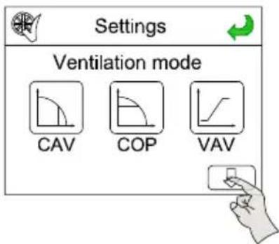 Settings Ventilation mode CAV COP VAV