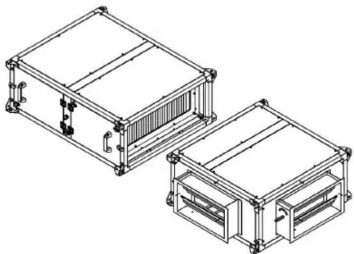 Technical line drawing of two rectangular electronic or mechanical housing units with internal compartments and mounting brackets (no text or symbols)