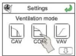 Settings Ventilation mode CAV COSK VAV