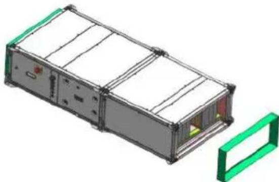 3D rendering of a rectangular electronic device housing with internal compartments and a green bracket (no text or symbols)