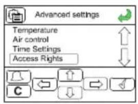 Advanced settings Temperature Air control Time Settings Access Rights