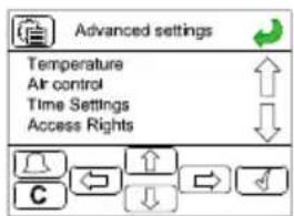 Advanced settings Temperature Air control Time Settings Access Rights