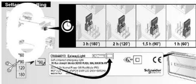 Settings Setting 3 h (180°) 2 h (120°) 1,5 h (90°) 1 h (60°) *60 90 120 180 *90 OVA44013 ExwayLight 3h 180° 3h 120° 1,5 h (90°) 1 h (60°) Schneider CE
