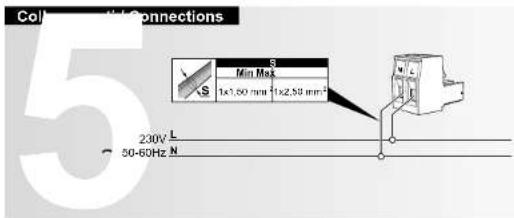 Col. 5 Connections S Min Max 1x1,50 mm² +1x2,50 mm² S 230V L 50-60Hz N