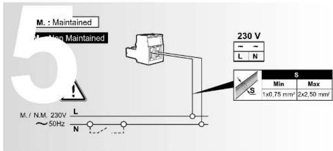 M.: Maintained Non Maintained 230 V ~ L N S Min Max 1x0.75 mm² 2x2.50 mm² M./ N.M. 230V ~ 50Hz N