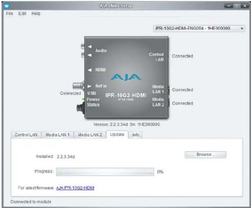 AIA eMini-Setup File Edit Help IPR-10G2-HDMI-ENG004 - 1HE000000 Audio Control Connected HDMI Media Connected Ref in Media Connected USB LAN 1 Power Media Connected Status LAN 2 IPR-10G2-HDMI IP TO HDMI Version: 2.2.0.34d Sn: 1HE000000 Control LAN Media LAN 1 Media LAN 2 Update Info Installed: 2.2.0.34d Browse Progress: 0% For latest firmware: AJA IPR-10G2-HDMI Connected to module