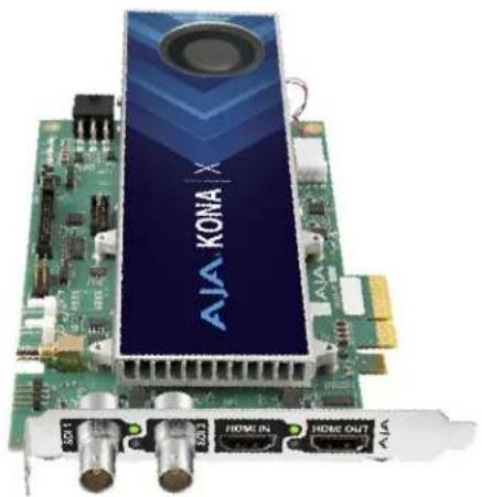 Electronic circuit board with AJA KONA X branding and two USB ports (HOME1N, HOME OUT) shown below (no readable text beyond branding)