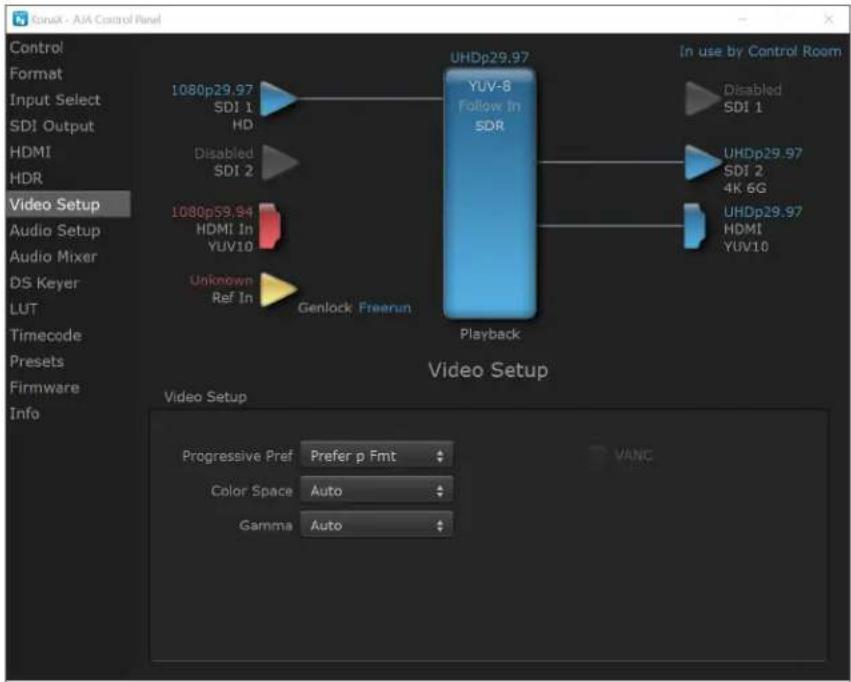 KonoX - AIA Control Panel Control Format Input Select SDI Output HDMI HDR Video Setup Audio Setup Audio Mixer DS Keyer LUT Timecode Presets Firmware Info 1080p29.97 SDI 1 HD Disabled SDI 2 1080p59.94 HDMI In YUV10 Unknown Ref In Genlock Freenum UHDp29.97 YUV-8 Follow In SDR Playback Video Setup In u…