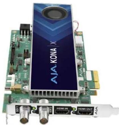 Close-up of a green AJA KONA computer motherboard with visible ports and connectors (no readable text beyond branding)