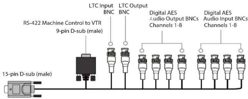 RS-422 Machine Control to VTR 9-pin D-sub (male) 15-pin D-sub (male) LTC Input BNC LTC Output BNC Digital AES Audio Output BNCs Channels 1-8 Digital AES Audio Input BNCs Channels 1-8