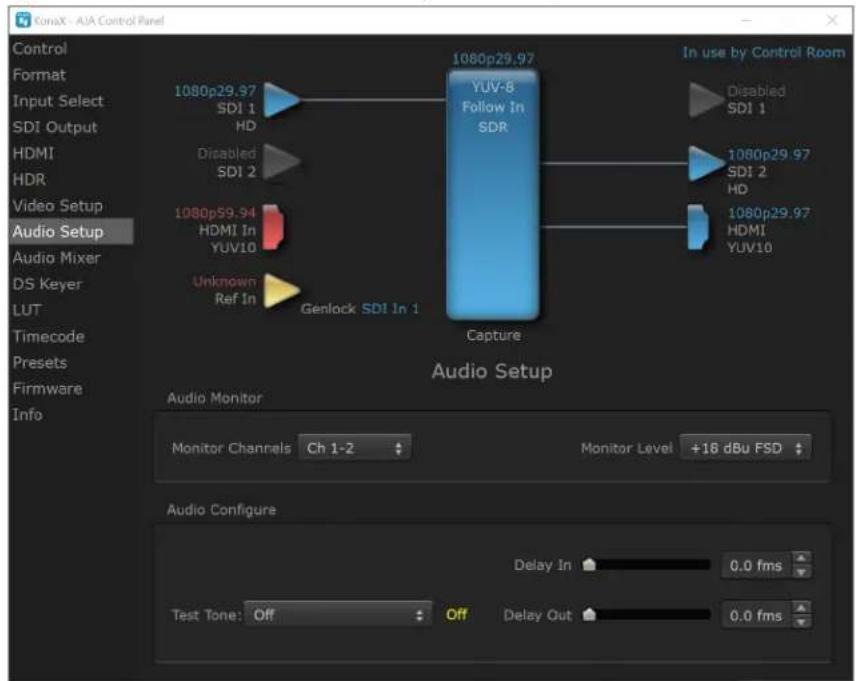 KonaX - AJA Control Panel Control Format Input Select SDI Output HDMI HDR Video Setup Audio Setup Audio Mixer DS Keyer LUT Timecode Presets Firmware Info 1080p29.97 SDI 1 HD Disabled SDI 2 1080p59.94 HDMI In YUV10 Unknown Ref In Genlock SDI In 1 1080p29.97 Follow In SDR Capture Audio Setup In use by…