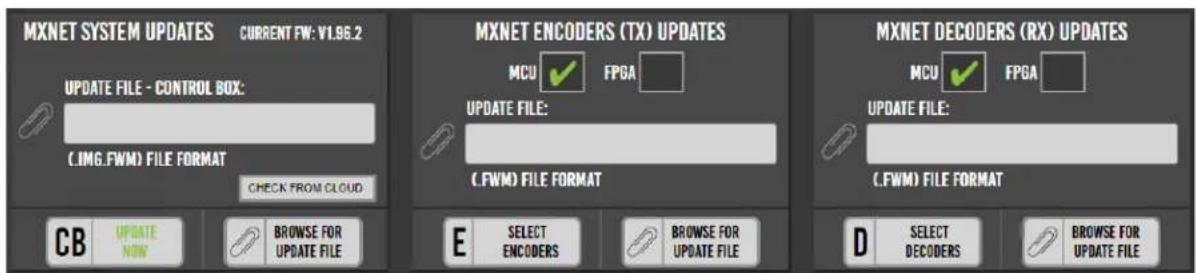 MXNET SYSTEM UPDATES CURRENT FW: V1.96.2 UPDATE FILE - CONTROL BOX: (.IMG.FWM) FILE FORMAT CHECK FROM CLOUD CB UPDATE NOW BROWSE FOR UPDATE FILE MXNET ENCODERS (TX) UPDATES MCU ✓ FPGA UPDATE FILE: (.FWM) FILE FORMAT E SELECT ENCODERS BROWSE FOR UPDATE FILE MXNET DECODERS (RX) UPDATES MCU ✓ FPGA UPDATE FILE: (.FWM) FILE FORMAT D SELECT DECODERS BROWSE FOR UPDATE FILE