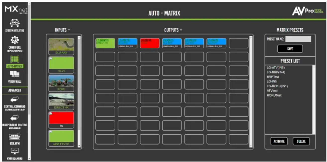 MXnet AUTO - MATRIX AV ProCGL SYSTEM UTILITIES CONFIGURE INPUTS/OUTPUTS AUTO-MATRIX VIDEO WALL ADVANCED CENTRAL COMMAND GE/GW/NK/2017/P & LIFP INDEPENDENT ROUTING WESI/ARWAL/W USB/KVM KVM DRAMING INPUTS ↑ OUTPUTS ↑ MATRIX PRESETS PRESET NAME: SAVE PRESET LIST LG-ATV(IN8) LG-BRP(IN4) BRPTest LG-IN5 LG-ROKU(IN1) ATVtest ROKUTest ACTIVATE DELETE