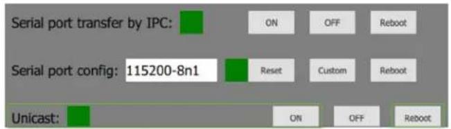 Serial port transfer by IPC: ON OFF Reboot Serial port config: 115200-8n1 Reset Custom Reboot Unicast: ON OFF Reboot
