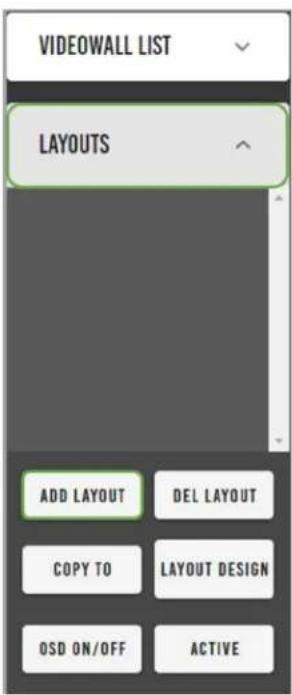 VIDEWALL LIST LAYOUTS ADD LAYOUT DEL LAYOUT COPY TO LAYOUT DESIGN OSD ON/OFF ACTIVE