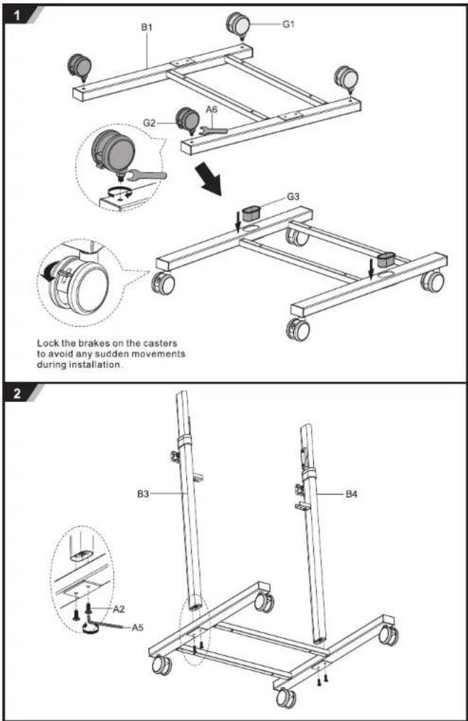 1 B1 G1 G2 A6 G3 Lock the brakes on the casters to avoid any sudden movements during installation. 2 B3 B4 A2 A5