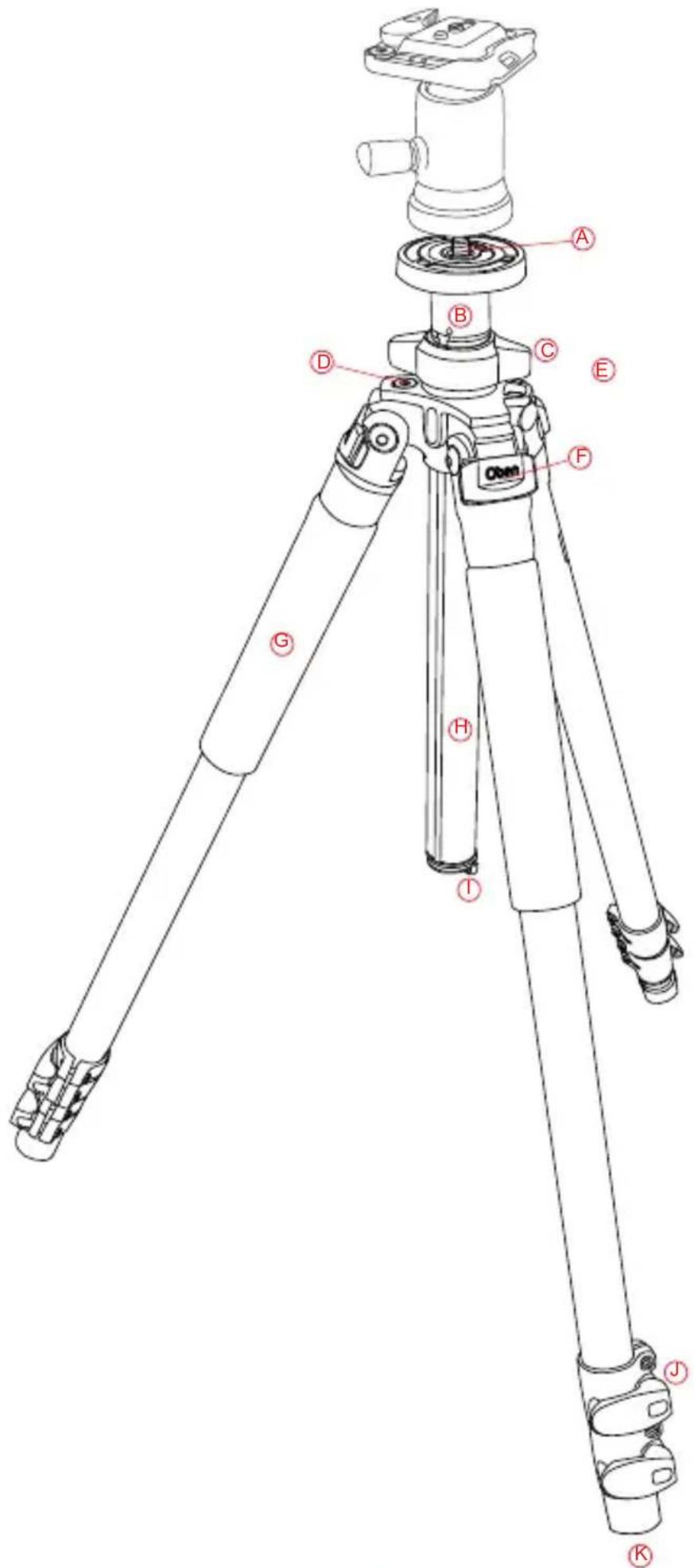 Technical diagram of a tripod-mounted camera with labeled parts from A to K