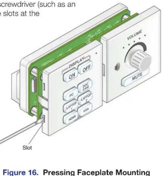 crewdriver (such as an slots at the DISPLAY ON OFF PC DCC CAM LAPTOP LAPTOP HDMI VGA VOLUME MUTE Slot Figure 16. Pressing Faceplate Mounting