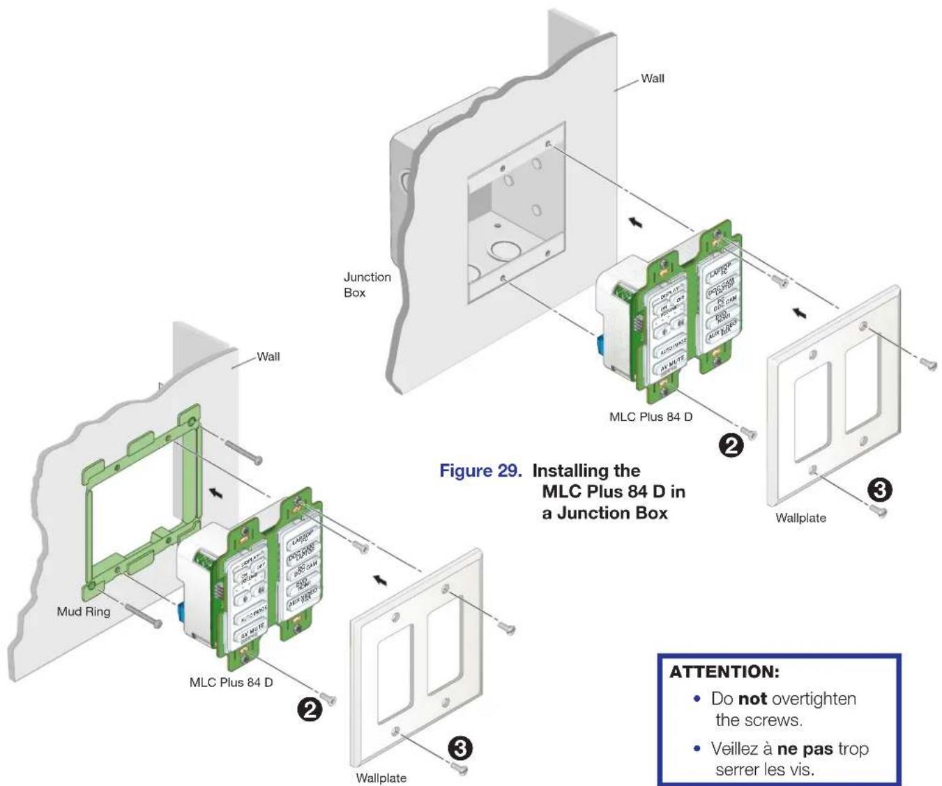 Junction Box Wall MMLC Plus 84 D MMLC Plus 84 D Wallplate Mud Ring Wall Figure 29. Installing the MLC Plus 84 D in a Junction Box ATTENTION: • Do not overtighten the screws. • Veillez à ne pas trop serrer les vis.
