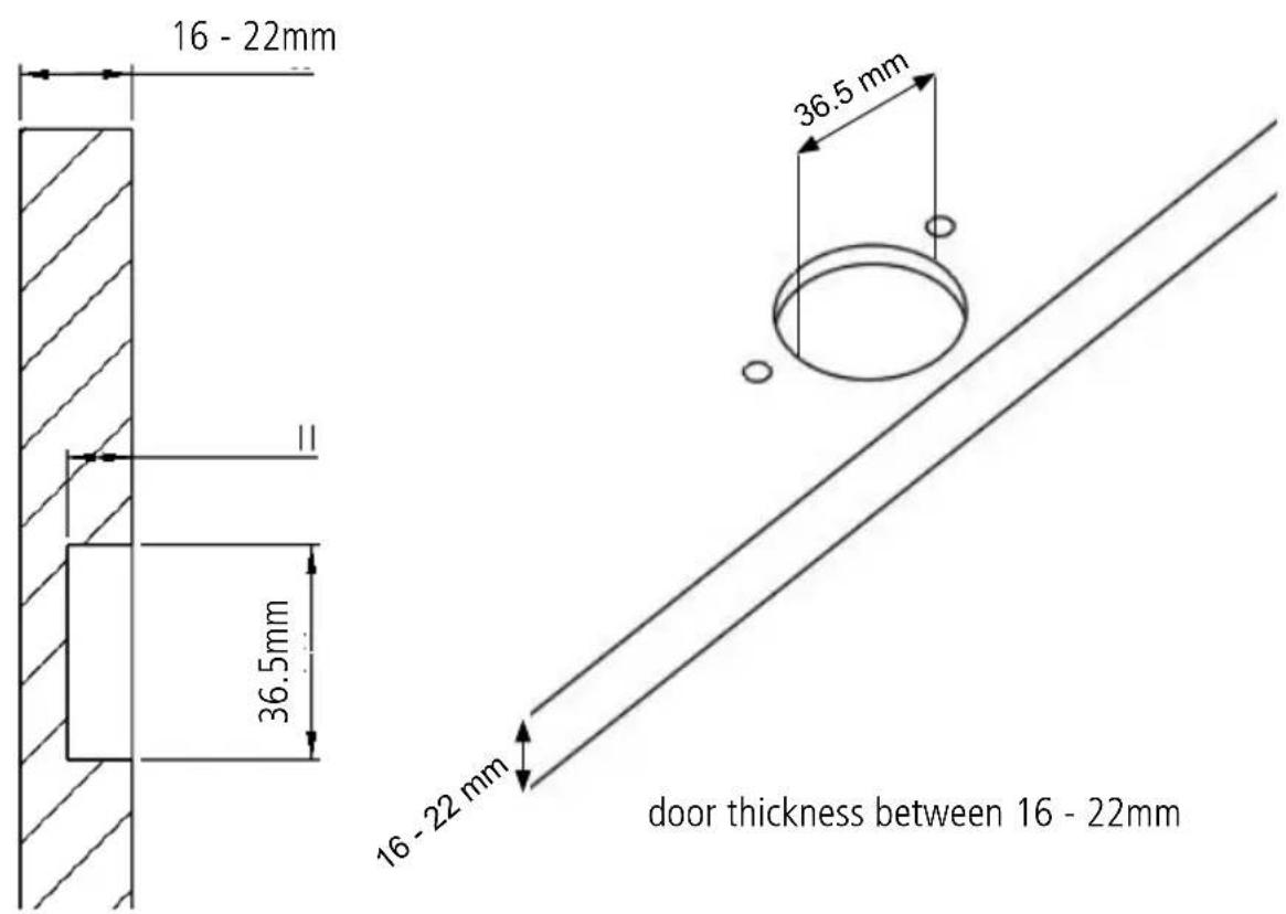 16 - 22mm 36.5mm 36.5 mm 16 - 22 mm door thickness between 16 - 22mm