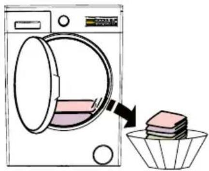 Diagram showing a washing machine with a lid removed and a cloth swatch being placed into a filter, illustrating the process of cleaning or drying.