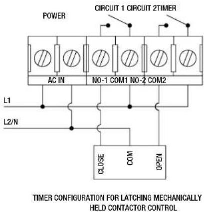 POWER CIRCUIT 1 CIRCUIT 2TIMER AC IN N0-1 COM1 N0-2 COM2 L1 L2/N CLOSE COM OPEN TIMER CONFIGURATION FOR LATCHING MECHANICALLY HELD CONTACTOR CONTROL