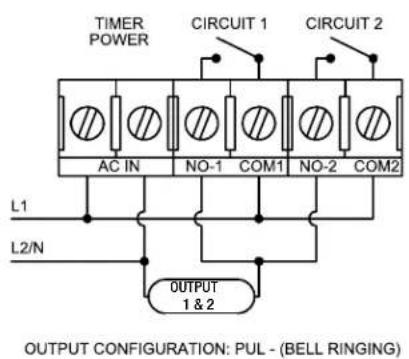 TIMER POWER CIRCUIT 1 CIRCUIT 2 AC IN NO-1 COM1 NO-2 COM2 L1 L2/N OUTPUT 1 & 2 OUTPUT CONFIGURATION: PUL - (BELL RINGING)